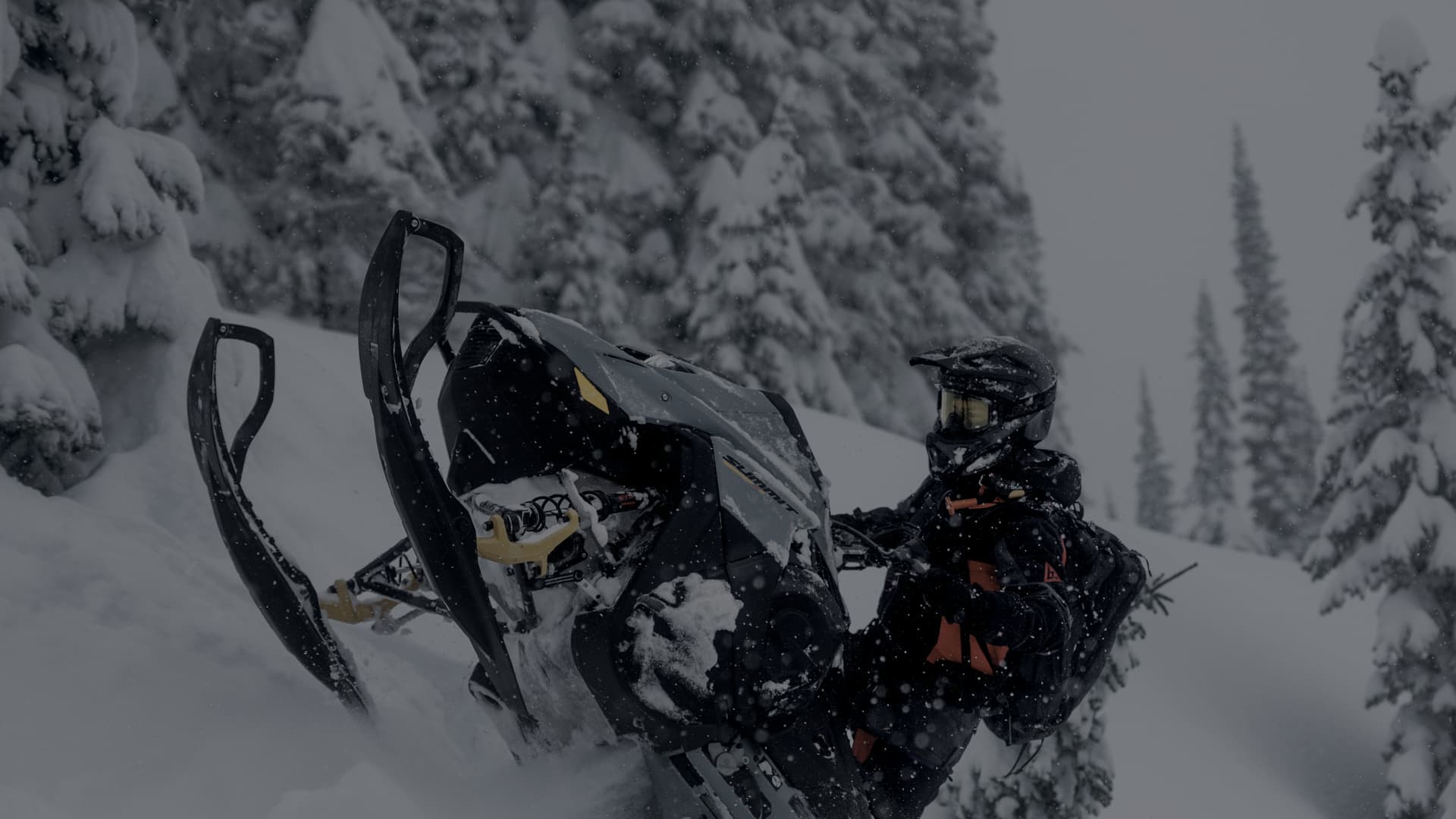 Горный снегоход Ski-Doo Summit X в глубоком снегу среди елей